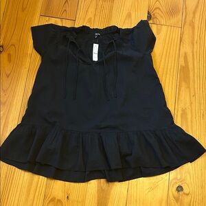 J. Crew Black Smocked Neck Ruffle-Hem Blouse